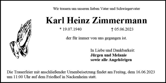 Traueranzeige von Karl Heinz Zimmermann von Allgemeine Zeitung Mainz
