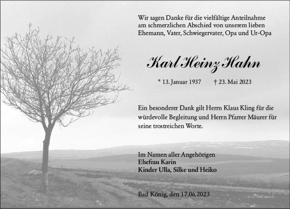  Traueranzeige für Karl Heiz Hahn vom 17.06.2023 aus Odenwälder Echo