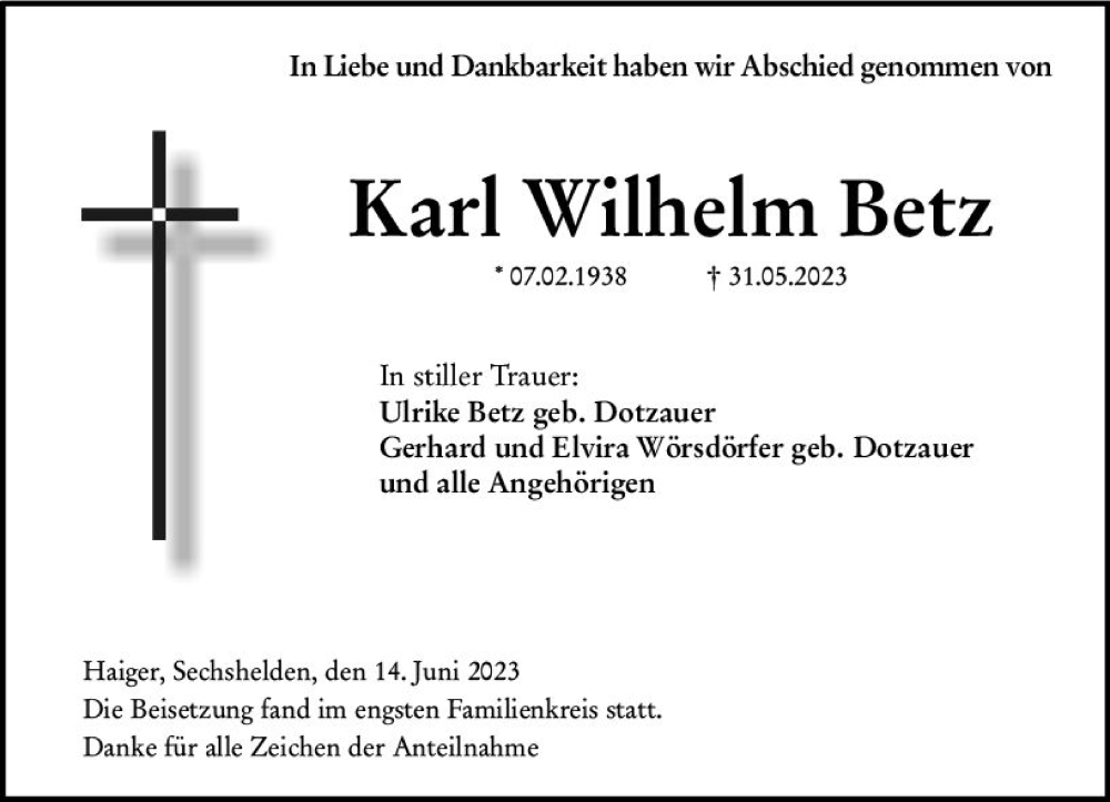  Traueranzeige für Karl Wilhelm Betz vom 14.06.2023 aus Dill Block