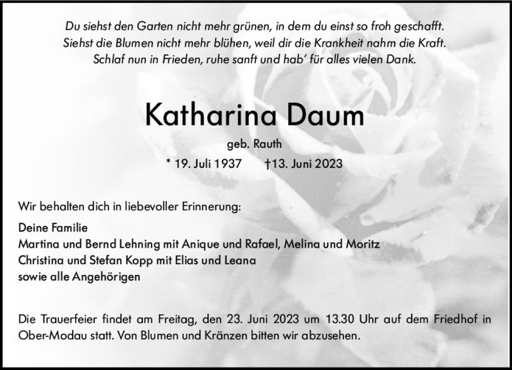  Traueranzeige für Katharina Daum vom 17.06.2023 aus Darmstädter Echo