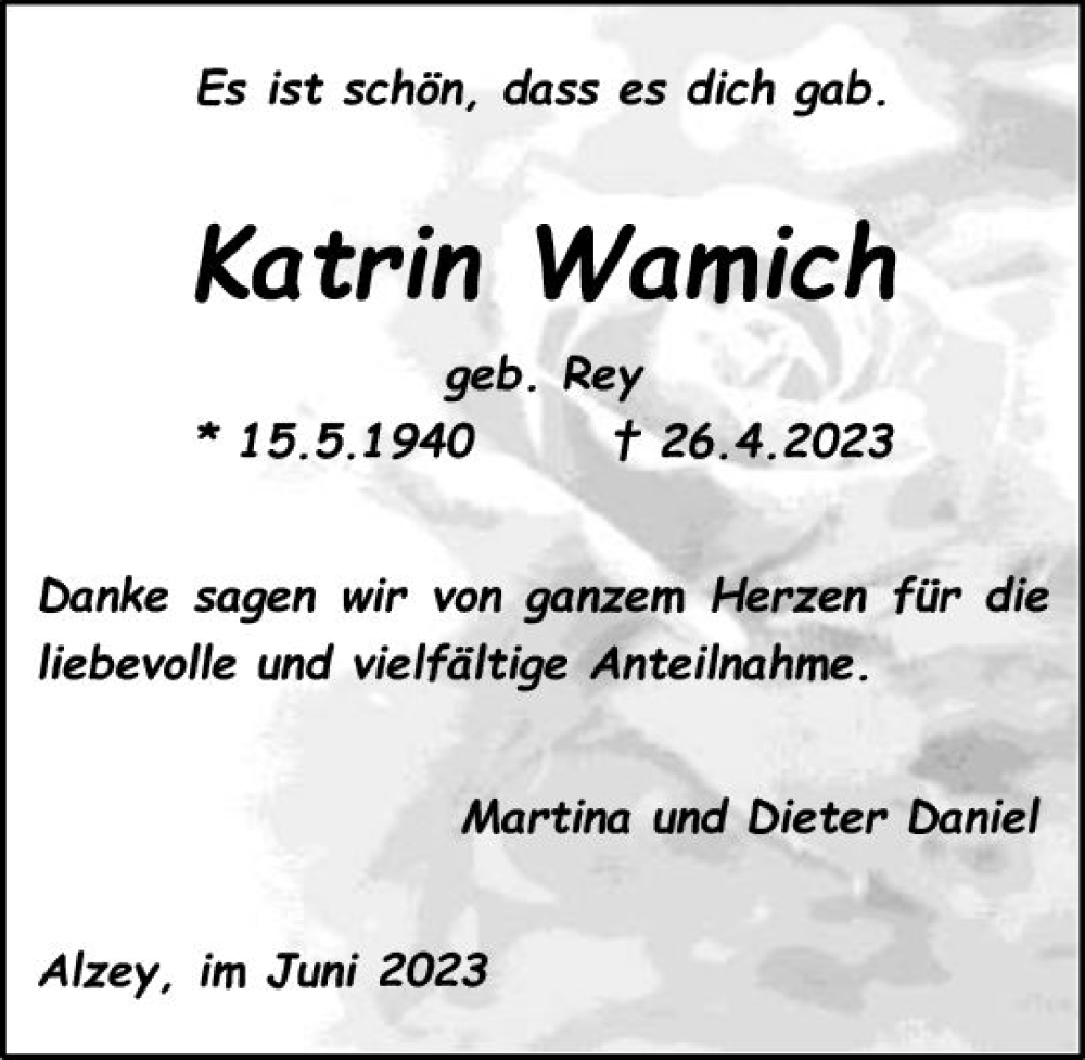  Traueranzeige für Katrin Wamich vom 03.06.2023 aus Allgemeine Zeitung Alzey