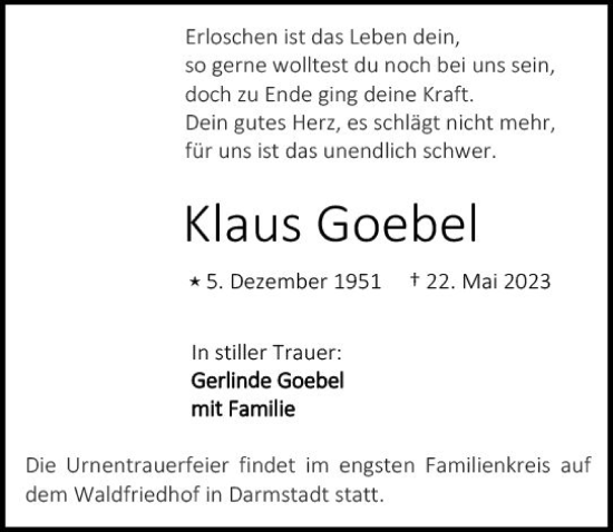 Traueranzeige von Klaus Goebel von Darmstädter Echo