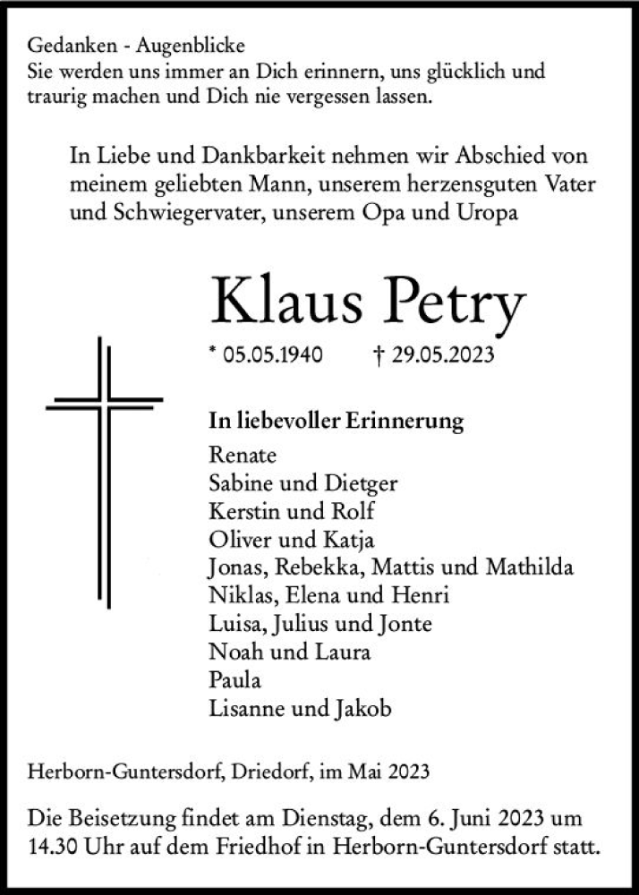  Traueranzeige für Klaus Petry vom 03.06.2023 aus Dill Block