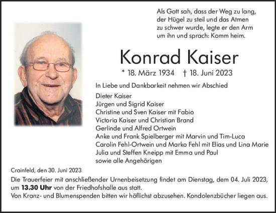 Traueranzeige von Konrad Kaiser von VRM Trauer