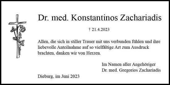 Traueranzeige von Konstantinos Zachariadis von Dieburger Anzeiger/Groß-Zimmerner Lokal-Anzeiger