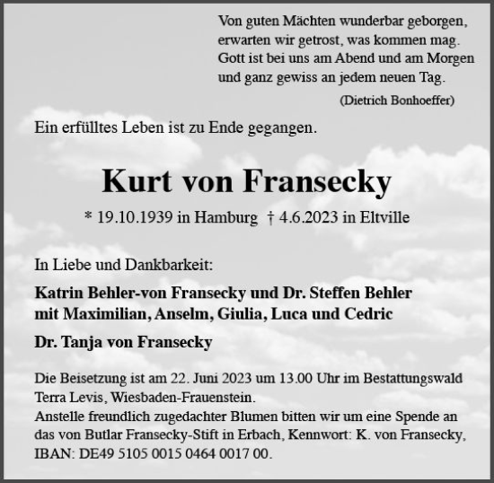 Traueranzeige von Kurt von Fransecky von Wiesbadener Kurier