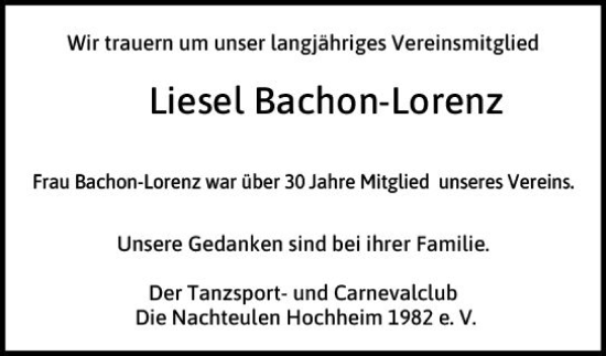 Traueranzeige von Liesel Bachon-Lorenz von Hochheimer Zeitung