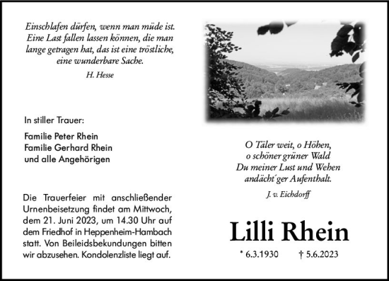 Traueranzeige von Lilli Rhein von Starkenburger Echo