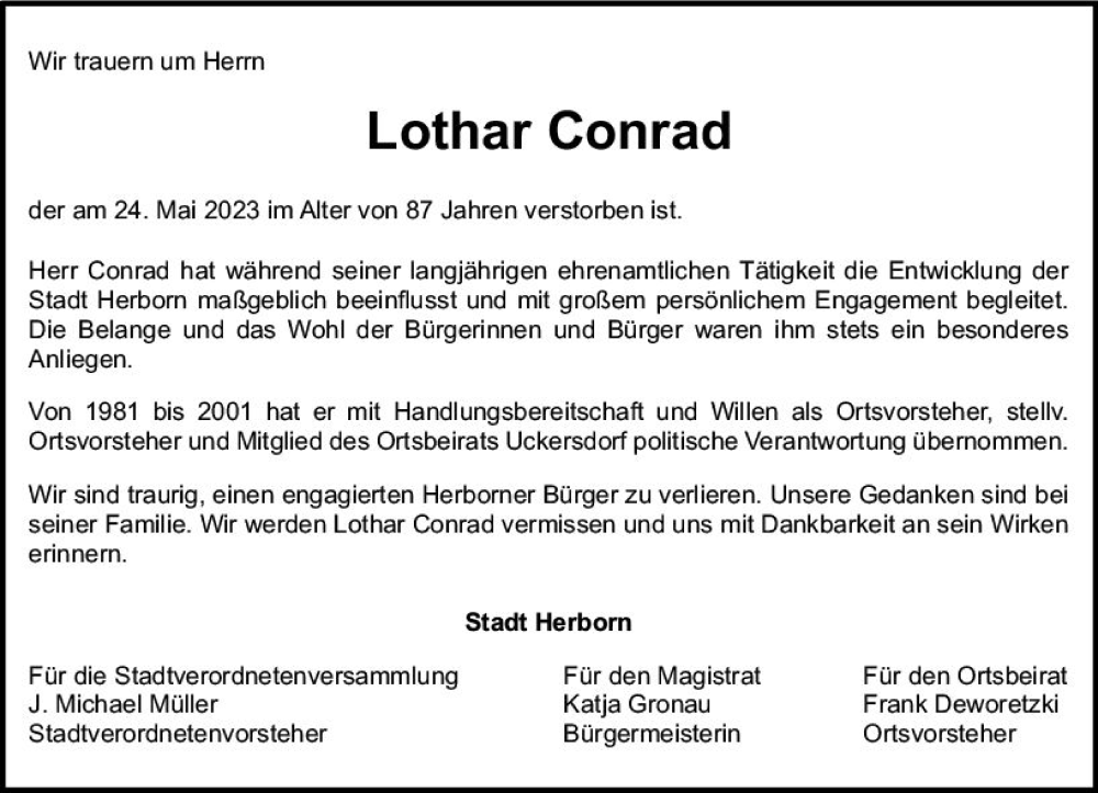  Traueranzeige für Lothar Conrad vom 01.06.2023 aus Dill Block