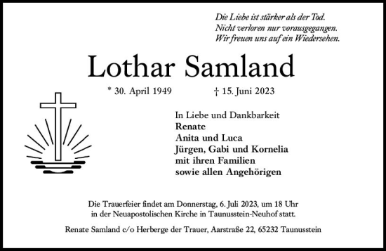 Traueranzeige von Lothar Samland von Wiesbadener Kurier