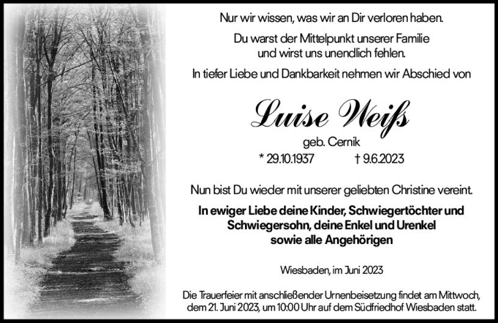  Traueranzeige für Luise Weiß vom 17.06.2023 aus Wiesbadener Kurier