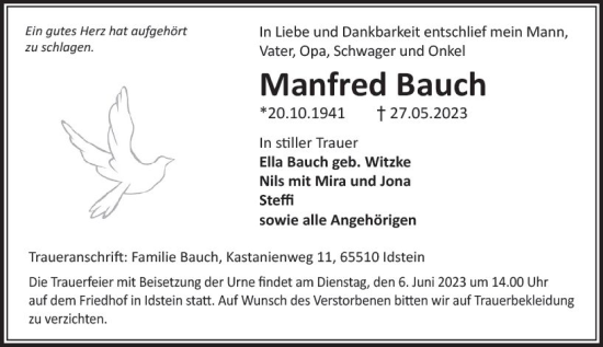 Traueranzeige von Manfred Bauch von Idsteiner Land/Untertaunus