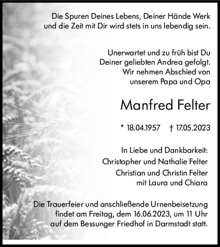  Traueranzeige für Manfred Felter vom 10.06.2023 aus Darmstädter Echo
