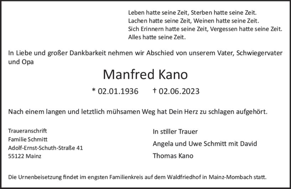  Traueranzeige für Manfred Kano vom 17.06.2023 aus Allgemeine Zeitung Mainz
