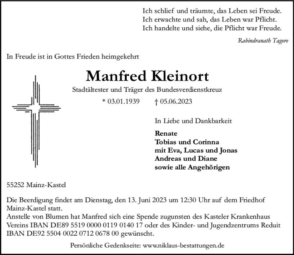  Traueranzeige für Manfred Kleinort vom 10.06.2023 aus Wiesbadener Kurier