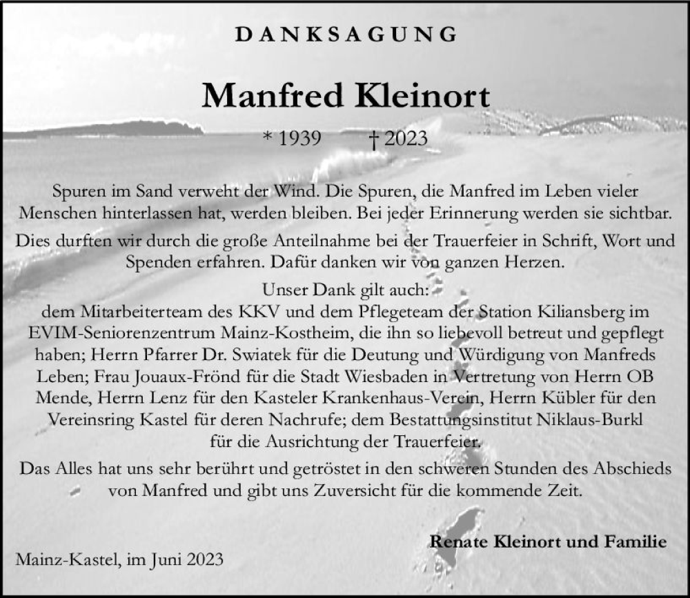  Traueranzeige für Manfred Kleinort vom 01.07.2023 aus Wiesbadener Kurier