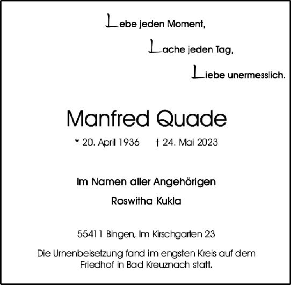  Traueranzeige für Manfred Quade vom 17.06.2023 aus Allgemeine Zeitung Bingen/Ingelheim