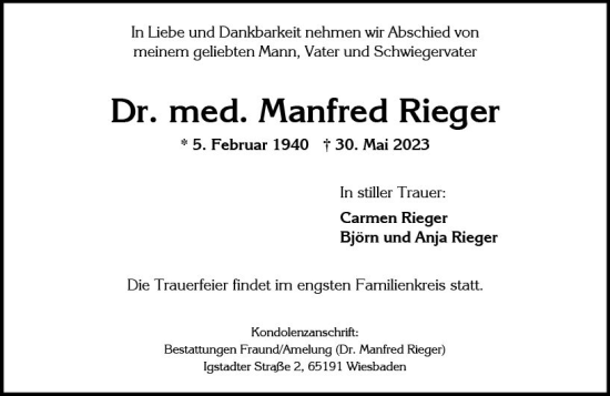 Traueranzeige von Manfred Rieger von Wiesbadener Kurier