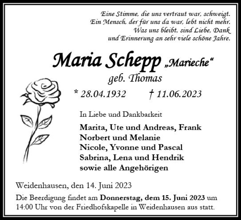  Traueranzeige für Maria Schepp vom 14.06.2023 aus Hinterländer Anzeiger