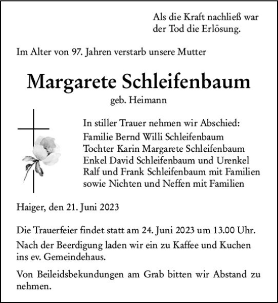 Traueranzeige von Margarete Schleifenbaum von Dill Block