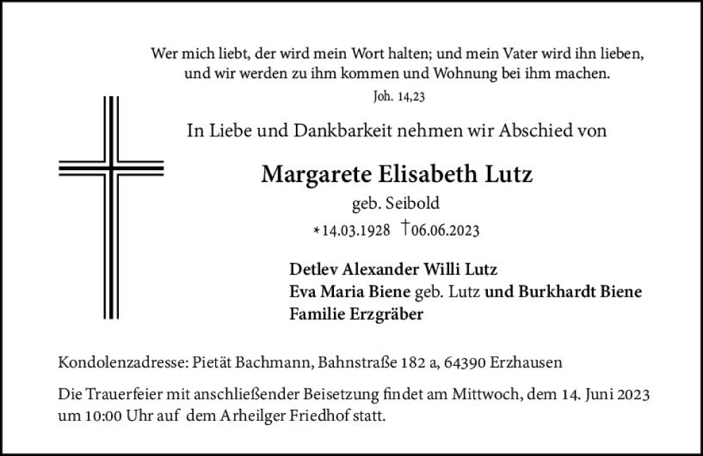  Traueranzeige für Margarete Elisabeth Lutz vom 10.06.2023 aus Darmstädter Echo