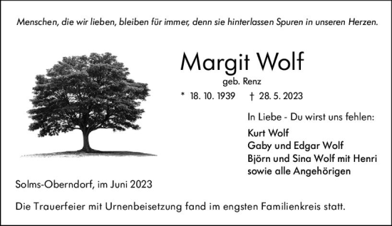 Traueranzeige von Margit Wolf von Wetzlarer Neue Zeitung