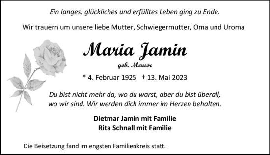 Traueranzeige von Maria Jamin von Allgemeine Zeitung Mainz