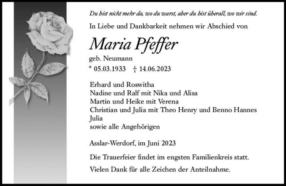  Traueranzeige für Maria Pfeffer vom 20.06.2023 aus Wetzlarer Neue Zeitung