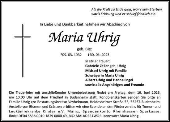 Traueranzeige von Maria Uhrig von Allgemeine Zeitung Mainz