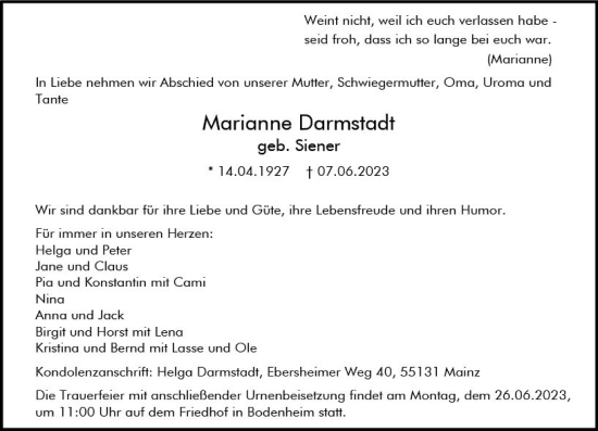 Traueranzeige von Marianne Darmstadt von Allgemeine Zeitung Mainz