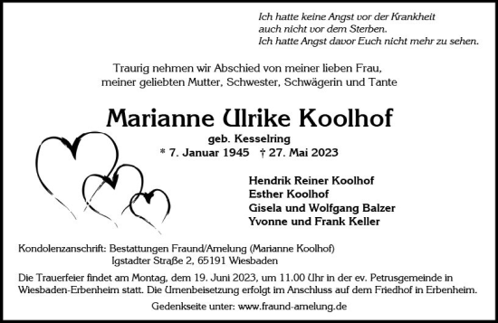 Traueranzeige von Marianne Ulrike Koolhof von Wiesbadener Kurier