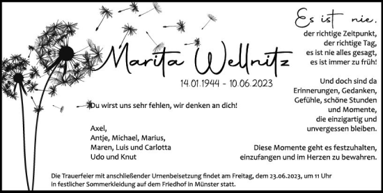Traueranzeige von Marita Wellnitz von Dieburger Anzeiger/Groß-Zimmerner Lokal-Anzeiger