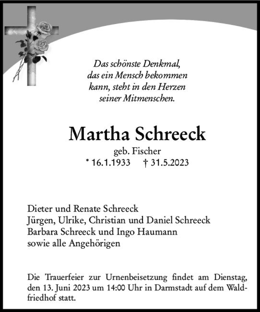  Traueranzeige für Martha Schreeck vom 03.06.2023 aus Darmstädter Echo