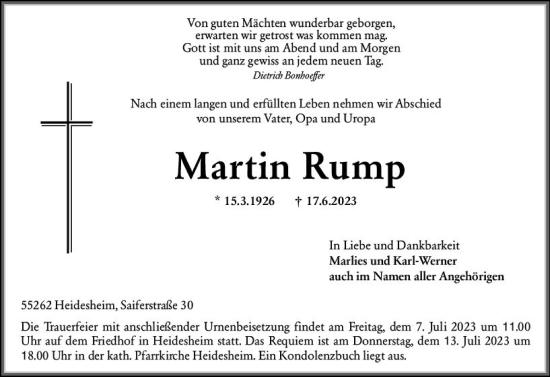 Traueranzeige von Martin Rump von Allgemeine Zeitung Bingen/Ingelheim