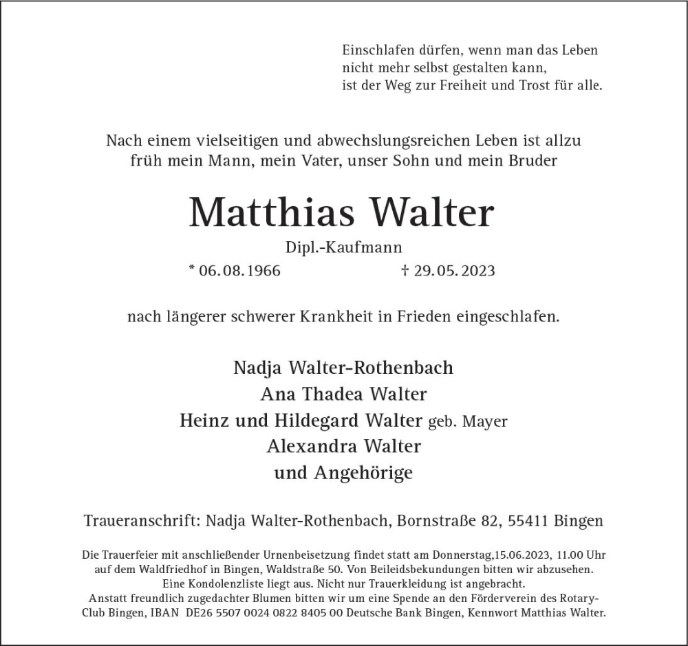  Traueranzeige für Matthias Walter vom 07.06.2023 aus Allgemeine Zeitung Bingen/Ingelheim