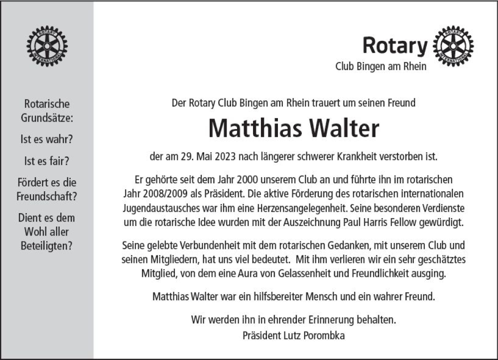  Traueranzeige für Matthias Walter vom 07.06.2023 aus Allgemeine Zeitung Bingen/Ingelheim