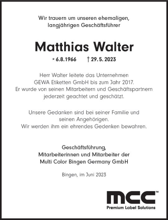 Traueranzeige von Matthias Walter von Allgemeine Zeitung Bingen/Ingelheim