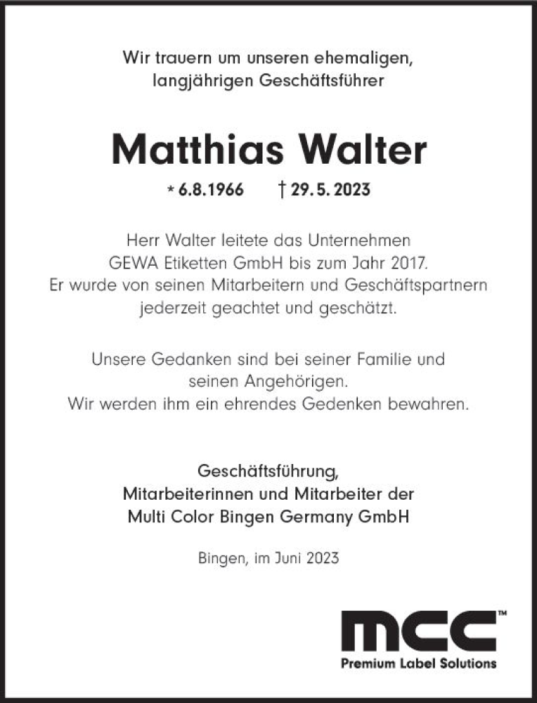  Traueranzeige für Matthias Walter vom 10.06.2023 aus Allgemeine Zeitung Bingen/Ingelheim