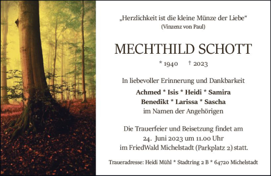 Traueranzeige von Mechthild Schott von Odenwälder Echo