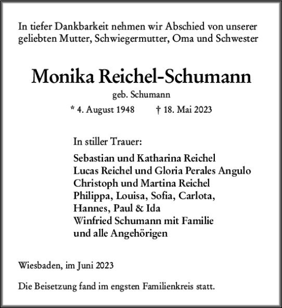 Traueranzeige von Monika Reichel-Schumann von Wiesbadener Kurier
