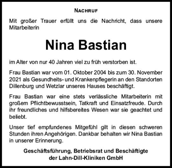 Traueranzeige von Nina Bastian von Dill Block