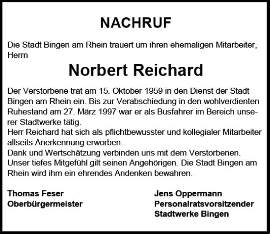 Traueranzeige von Norbert Reichard von Allgemeine Zeitung Bingen/Ingelheim