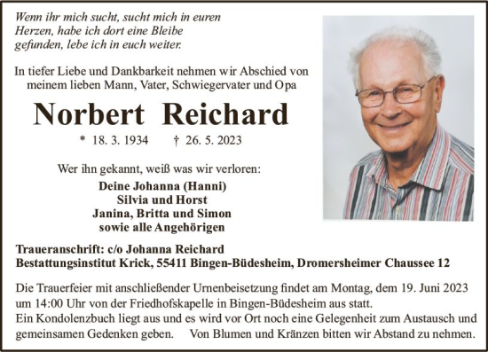 Traueranzeige von Norbert Reithard von Allgemeine Zeitung Bingen/Ingelheim