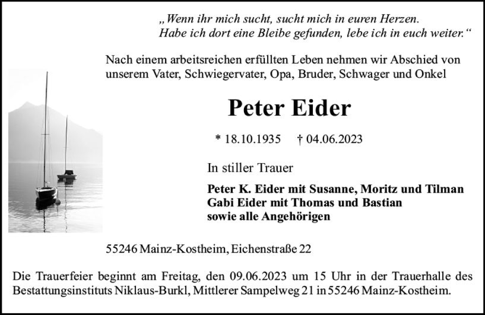  Traueranzeige für Peter Eider vom 07.06.2023 aus Allgemeine Zeitung Mainz