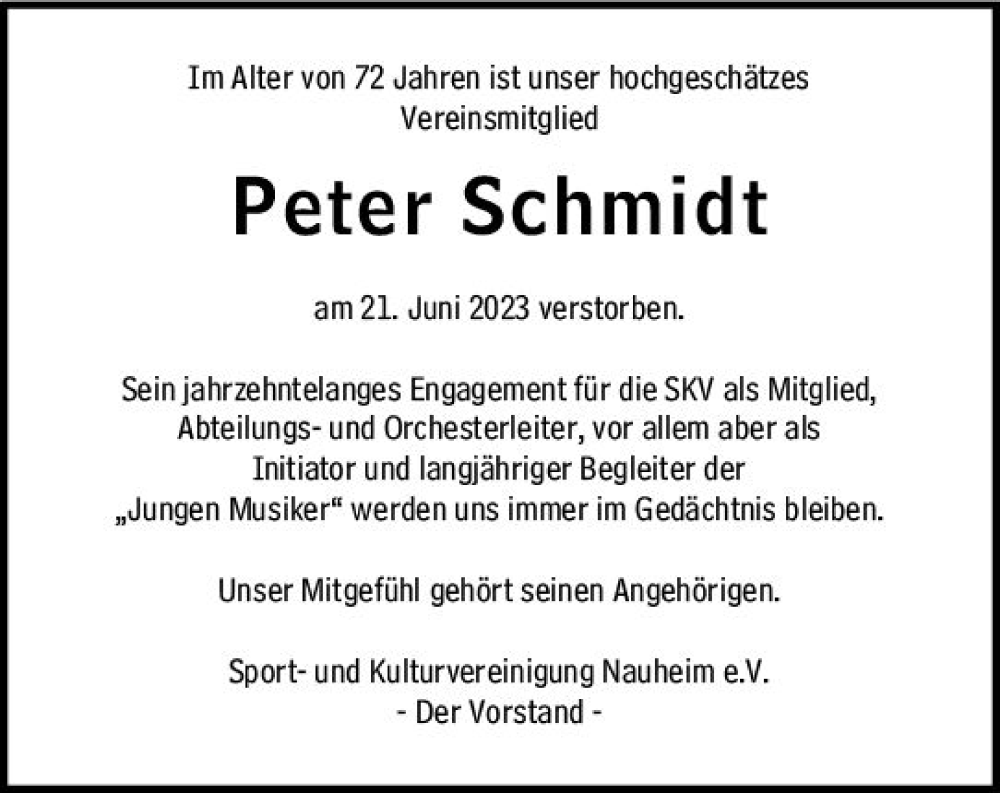  Traueranzeige für Peter Schmidt vom 01.07.2023 aus Groß-Gerauer Echo