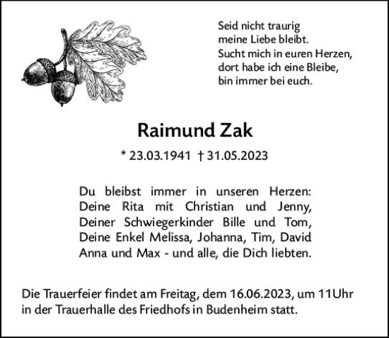 Traueranzeige von Raimund Zak von Allgemeine Zeitung Mainz