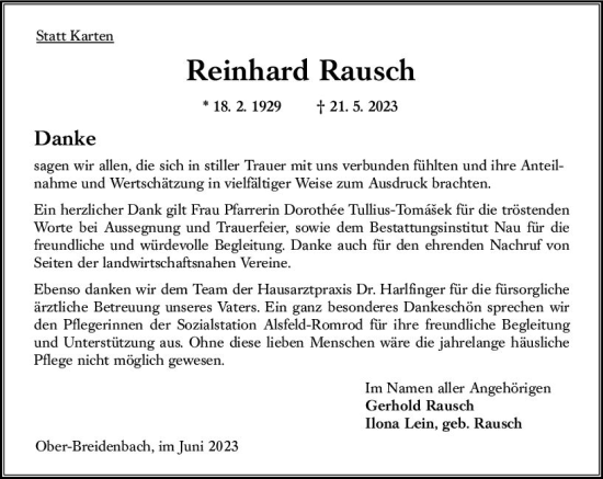 Traueranzeige von Reinhard Rausch von Oberhessen Kurier