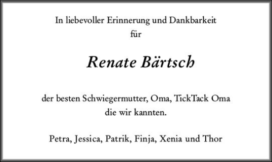 Traueranzeige von Renate Bärtsch von Allgemeine Zeitung Mainz