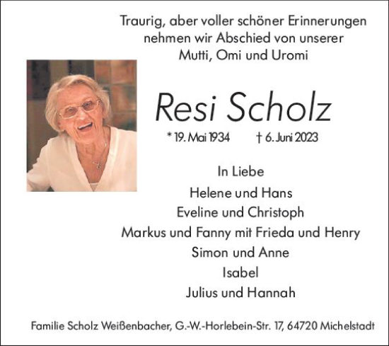 Traueranzeige von Resi Scholz von Odenwälder Echo