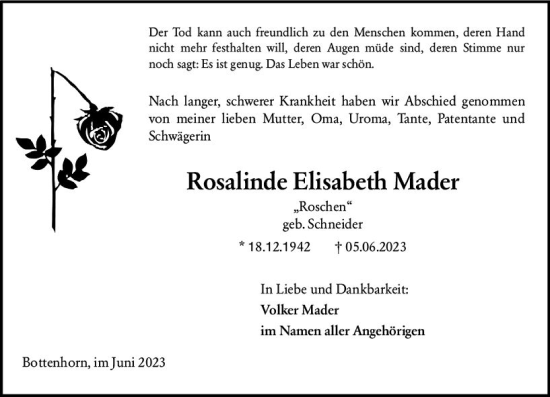 Traueranzeige von Rosalinde Elisabeth Mader von Hinterländer Anzeiger